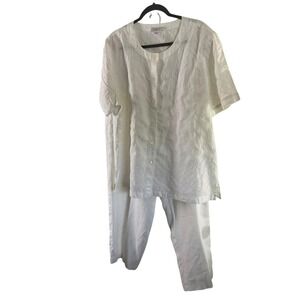 JMP Linen Pant Set Womens 3X White Eyelet Short Sleeve Top Elastic Pants
